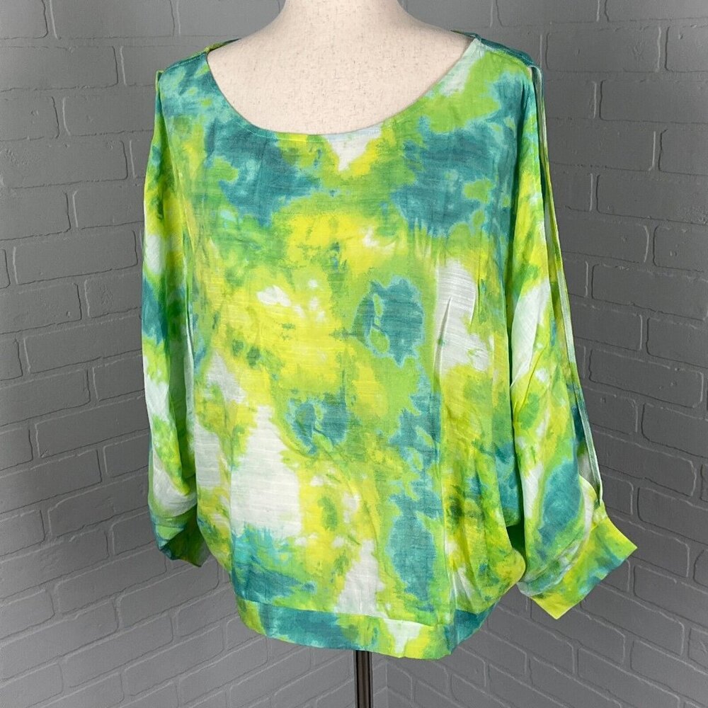 SOHO STREET NYC Blouse Blue Green Blouson Watercolor Boho‎ Peasant Logenlook